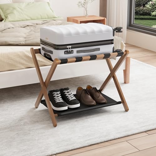 Smuxee Walnut Bamboo Luggage Rack for Guest Room, Foldable Suitcase Stand with Storage Shelf, Easily Assembled Luggage Stand with 5 Nylon Straps for Guest Room Bedroom Hotel - color: Walnut 1PCS
