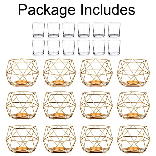 Hewory Geometric Tealight Candle Holders Gold, Modern Metal Geo Wedding Centerpieces for Table, Votive Candle Stand Accent for Tea Light for Home Shelf Mantel Christmas Birthday Party Decor, 12pcs