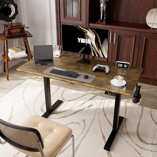 Ywin Electric Height Adjustable Standing Desk with Wheels, 63 x 24 inches Ergonomic Stand Up Desk for Home Office - color: Retro Brown