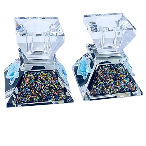 Tamara Baskin Art Glass – Handmade Crystal Shabbat Candle Holders Set - Sparkling Sky Blue (Glitzy Black) - color: Glitzy Black