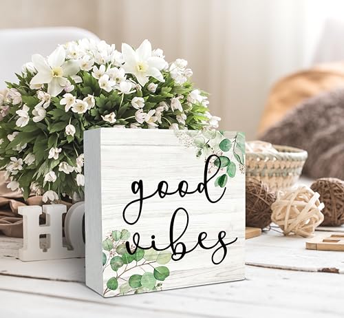 SRADMO Inspirational Botanical Eucalyptus Leaves Wood Box Sign Desk Decor, Rustic Green Eucalyptus Leaves Wooden Block Box Sign Decor for Home Office Shelf Table Decorative Accessories - color: Eucalyptus leaf, size: 5″×5″