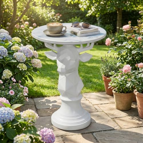 Deer Side Table for Living Room - 20" Faux Marble Top Accent End Table with Hand-Carved Resin Deer Statue Base - Modern Round Bedside Table for Bedroom, Patio, Entryway,Gift - Tool-Free Setup - color: White Deer