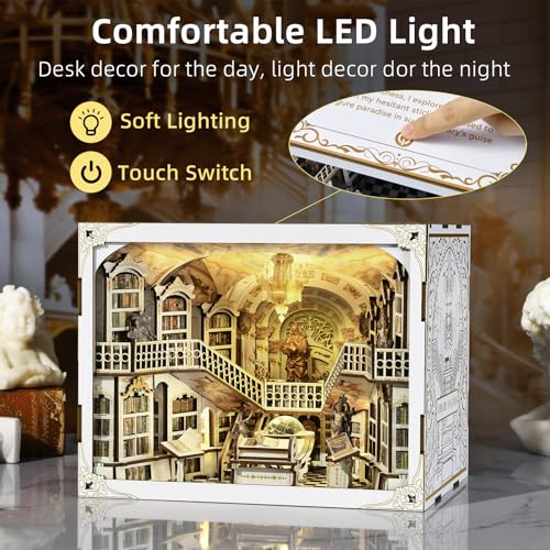 MiniCity DIY Book Nook Kit for Adults, 3D Wooden Puzzle Bookend Bookshelf Insert Decor with LED Light and Dust Cover (Library of Gods Max) - style: Library of Gods Max