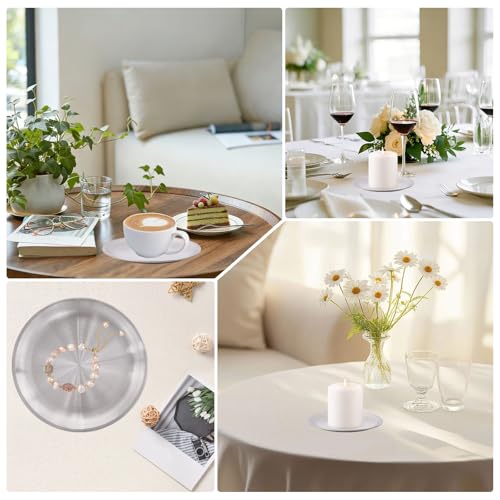 GLOBLELAND 4 Pack Silver Gray Decorative Iron Plate Candle Holder Stainless Steel Round Candles Tray Holders Set Decorative Pillar Candle Holder Dish for Table Centerpiece
