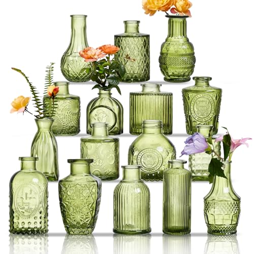 Glass Bud Vases Set of 16 - Green Assorted Small Mini Glass Vases for Flowers, Crystal Vintage Vase Set, Bulk Centerpieces for Table Décor, Wedding, Home and Events (Green, 16 Pcs) - color: Green, size: 16 Pcs