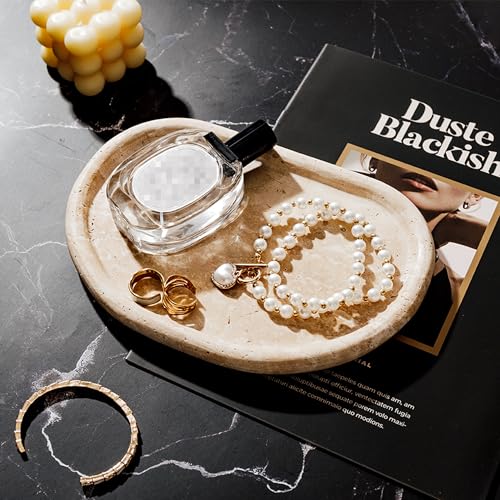 Natural Travertine Tray, Special-Shaped Jewelry Tray, Marble Ring Dish for BathroomCountertop, Nightstand,Dressing Table, Bedside Table, Home Decor, Beige(Middle)(NS025) - size: 9.1" x 6.3" x 0.6"