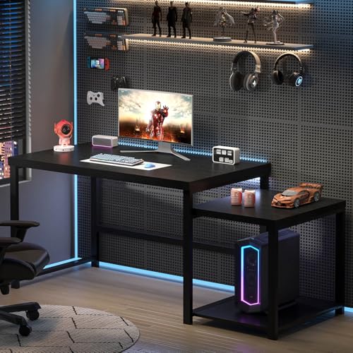 FOLUBAN Large Home Office Desk, Black Computer Desk with Storage Shelves, Modern Wood Writing Study Gaming Table for Bedroom Living Room, 63 Inch - color: Black