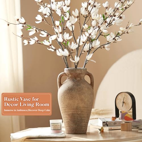 Ceramic Vase with Handles 11 inch Tall Rustic Vases Brown Terracotta Vase,Vintage Decorative Farmhouse Pottery Vase Wabi Sabi for Home Decor,Living Room,Dining Room,Fireplace Mantel,Entryway,Shelf - size: 11‘’