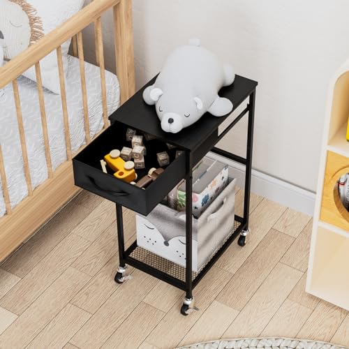 CADUKE 2 Tier PC Stand - Black Computer Tower Stand with Fabric Drawer, Modern Printer Stand with Wheels, Under Desk for Office & Study Room - color: Black