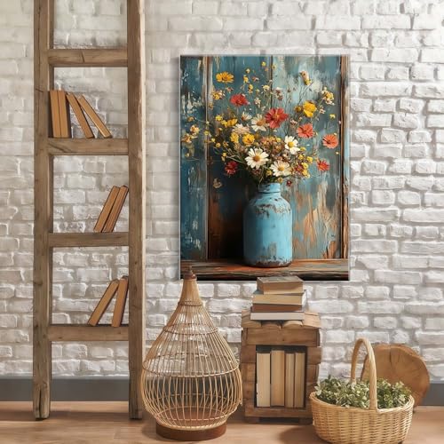 Framed Oil Painting Style Print Antique Metal Vase Wildflowers Pattern Background Rustic Vintage Floral Art Farmhouse Decor Rustic Wall Art Floral Mural Home Decor Gallery Poster 24x16 Inch - color: Light blue yellow, size: 24"x16"