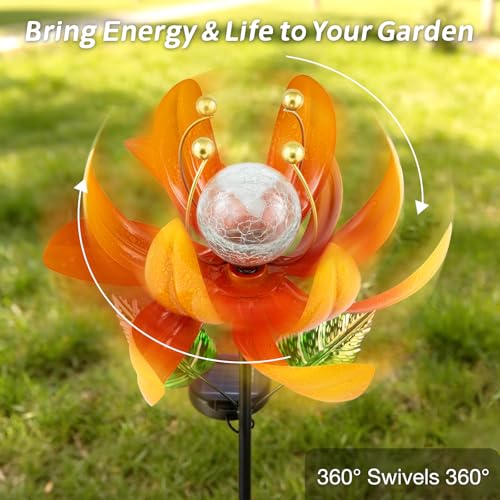 AIINY Outdoor Solar Lights Garden Decor,Wind Spinner Yard Decorations for Outside, Lotus Garden Windmill with LED Cracked Crystal Waterproof Flower Sculpture for Patio Lawn Gardening Gifts - color: Passionate Orange