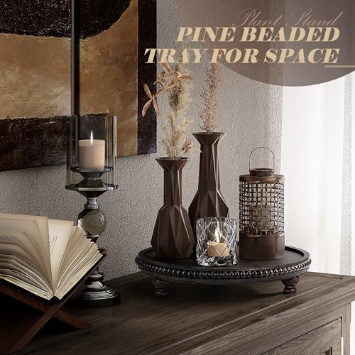 EOSAHR Rustic Round Pine Wooden Display Riser – Beaded Pedestal Stand for Decor, Kitchen Counter Organizer, Coffee table & Cake Stand - Decorative Display Risers for Living Room Decor (Old Black) - color: Old Black