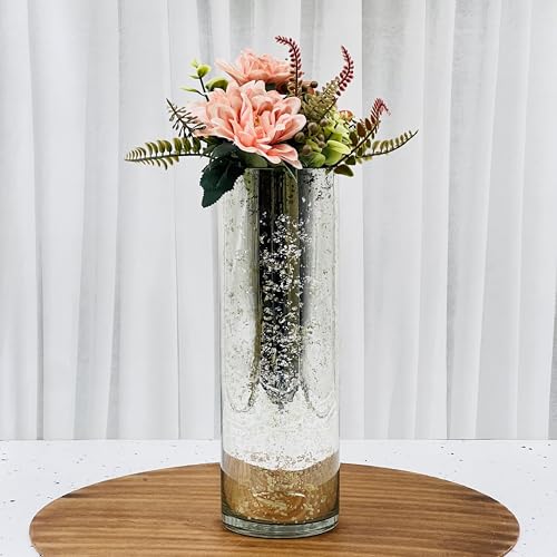 Hosley 12 Inch High Metallic Silver Speckled Finish Glass Floral Vase. Ideal Gift for Floral Arrangements Weddings Bridal Spa Meditation Reiki Rose Vase Nautical Settings Led Lantern Votive Garden P1 - color: Metallic Silver