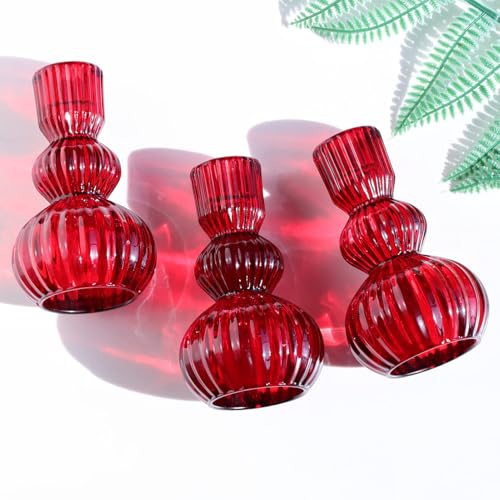 Woho Red Candlestick Holders Set of 3 for Christmas Decorations, 4.3" H Vintage Ribbed Taper Candle Holders for Dining Table, Glass Candle Sticks Holder Decor for Valentines Day/Patriotic Holidays - color: Red