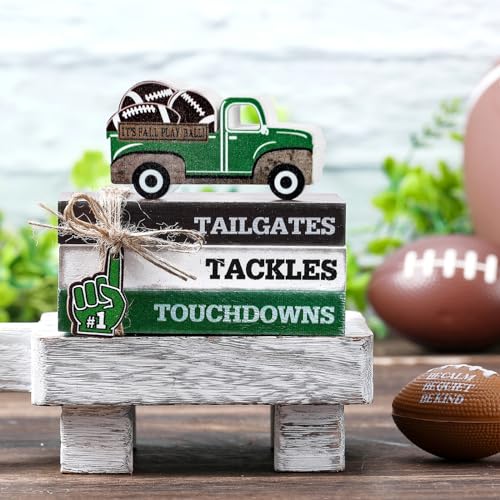 Briwooody 5 Pcs Football Decoration Football Tiered Tray Decor Mini Faux Ball Wooden Book Stack Set Sport Party Decorations Decorative Book Sign for Home Locker Room Table Shelf Desk - style: Football