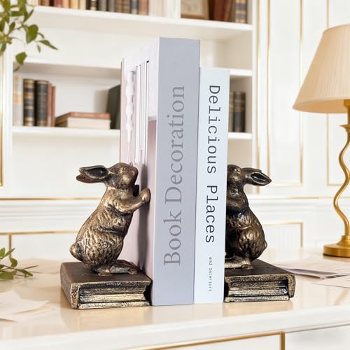 2 PCS Antique Gold Bunny Book Ends Rabbit Decorative Bookend Set Cast Iron Vintage Heavy Duty Book Ends for Shelves for Home(Face to Face Rabbit) - color: Face to Face Rabbit