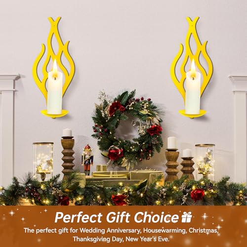 Wall Candle Sconces Set of 2, Modern Minimalist Metal Candle Holders for Pillar, Tealight, and LED Candles, Flame-Shaped Decorative Wall Decor for Living Room Dining Room (Golden Yellow) - color: Golden Yellow Flame-shaped