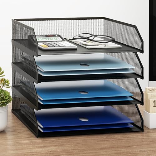 Natwind 4-Tier Stackable Paper Tray, Metal Mesh Desktop Organizer, A4 Paper Sorter, Letter Trays,File Folder Sorter Organizer with Sliding Tray for Home, Office, School (Black) - size: 4 Tier