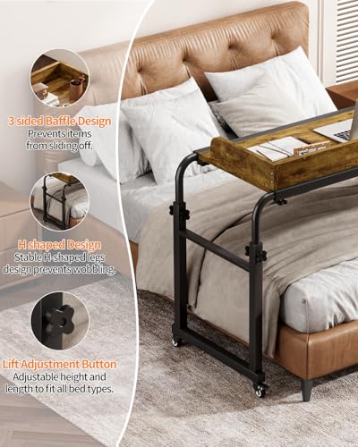 Saifu Overbed Table with Wheels, Adjustable Height & Length Laptop Desk for Bed, King & Queen Size Beds Bed Table, Rolling Standing Desk, Over Bed Table for Working Reading Eating, Red Brown - color: Red Brown