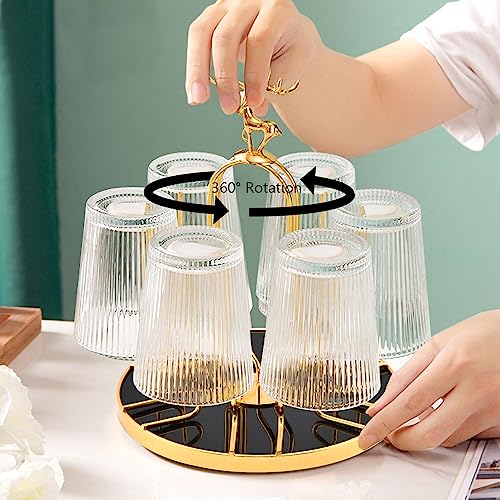 Rotating Bottle Drying Rack, Light Luxury Non-Slip Glass Cup Drying Holder, Elk Design Mug Organizer Stand with 6 Silicone Protective Hooks for Home, Office, Kitchen
