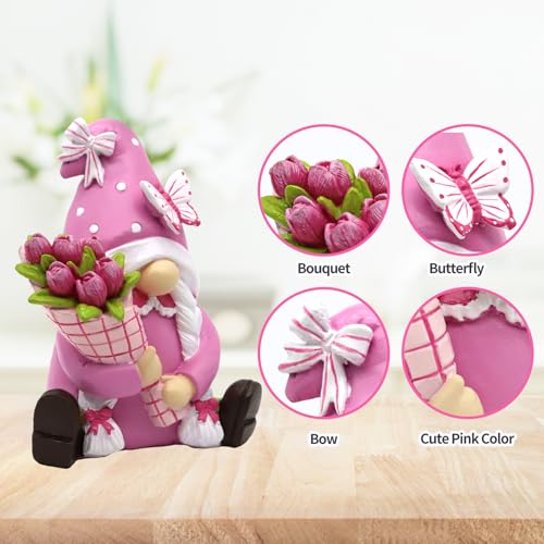 Spring Gnomes Decorations for Home Office- Pink Resin Garden Gnomes with Butterfly Tulip Tiered Tray Decor- Spring Mother's Day & Retirement Gifts - color: Pink