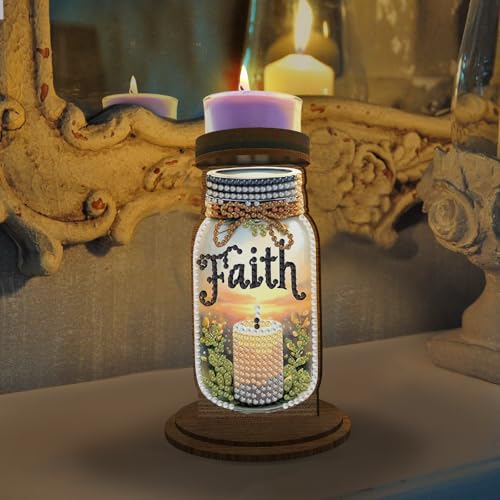 ARTopet DIY Diamond Art Painting Candlestick Holders Wooden Desk Candle Holder Ornament Double Sided Diamond Tabletop Ornaments for Home Decor-Faith - color: Faith
