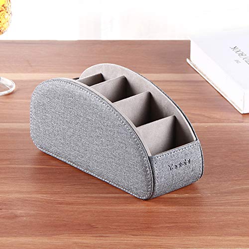 TV Remote Control Holder with 5 Compartments,Pu Leather Remote Caddy/Box/Tray Nightstand Desktop Storage Organizer Store DVD,Blu-Ray,Media Player,Heater Controllers and Makeup Office Supplies Grey - color: Grey, size: Large