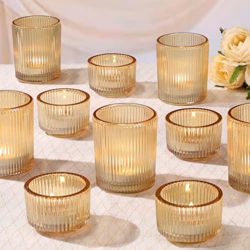 NITIME 10pcs Ribbed Gold Votive Candle Holders, Assorted Glass Tea Light Candle Holders for Wedding Centerpieces, Brithday, Party and Holiday Decorations - color: Gold