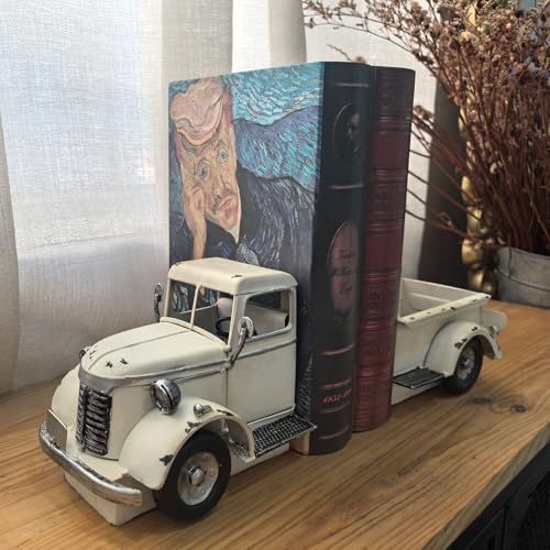 Decorative Book Ends Vintage Bookends: Metal Truck Book Stopper for Heavy Books - Farmhouse Decor for Shelf Table Coffee Bar Office Home - Gift for Adults Men Teen (Vintage White) - color: Vintage White