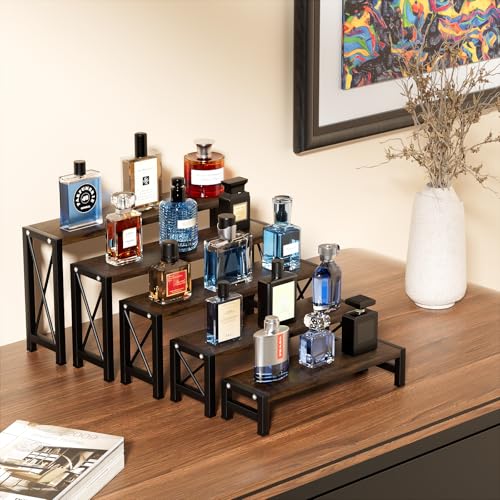 Stackable Wooden Cologne Organizer for Men, 5-Tier Tray Risers Display Makeup Perfume Organizer for Women, Wood Cupcake Stand, Buffet Shelf, Dessert Food Risers, Figure Collectible Stand