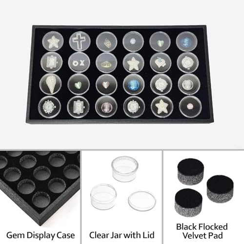 Ikee Design 24 Gem Showcase Stackable Jewelry Display Tray for Collectibles, Rock Storage Box Gemstones Bead Storage Jars, Black Foam, Black Tray, 14 7/8W x 8 3/8D x 1H in - color: Black Foam/Black Tray (24 Large Jars)