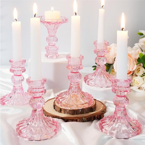 Maxcheck Set of 6 Candlestick Holders Taper Glass Candle Holder Decorative Candle Stand for Wedding Party Table Centerpiece Anniversary Festival Home Decor(Pink) - color: Pink