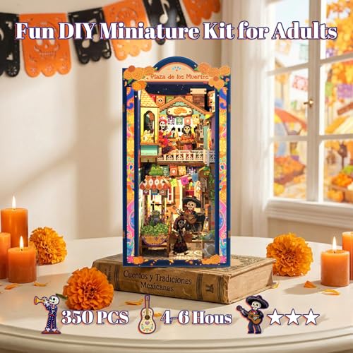 Fsolis Book Nook Kit Día De Muertos - 3D Wooden Puzzles for Adults DIY Miniature House Bookshelf Decor Decorative Bookends Gifts for Women Book Lovers (Plaza de Los Muertos) - style: Plaza de Los Muertos