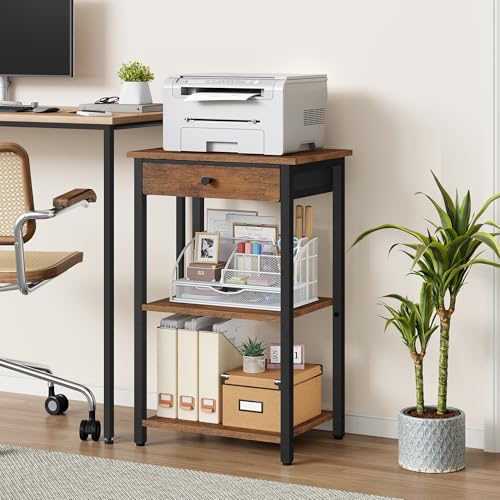 Gewudraw Printer Stand with Storage Drawer, 3-Tier Under Desk Printer Table, End Table for Home Office, Living Room, Bedroom, Brown - color: Rustic Brown, size: 3 layer
