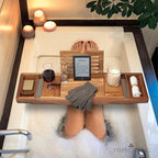 Temple Spring Acacia Wood Bathtub Tray Caddy for Tub — Expandable Bath Tray with Solid Book Stand Wine Holder and Non-Slip Pads — Includes Soap Dish and Spa Accessories — Luxury Hardwood Bath Gift Set - color: Acacia Wood