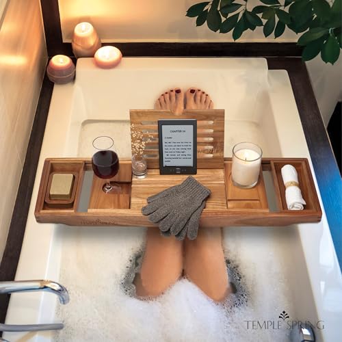 Temple Spring Acacia Wood Bathtub Tray Caddy for Tub — Expandable Bath Tray with Solid Book Stand Wine Holder and Non-Slip Pads — Includes Soap Dish and Spa Accessories — Luxury Hardwood Bath Gift Set - color: Acacia Wood