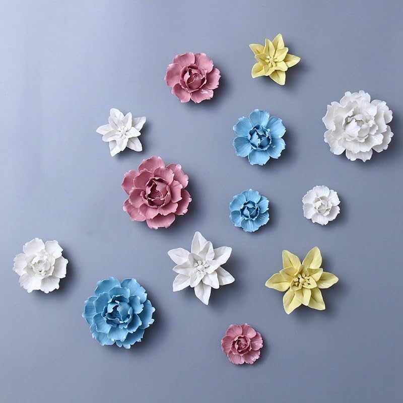 Handmade Ceramic Wall Flower Porcelain Decorative Flowers 3D Wall Hanging Decor for Living Room Bedroom,Blue Peony 4.72''(Large) - color: Blue, size: Large