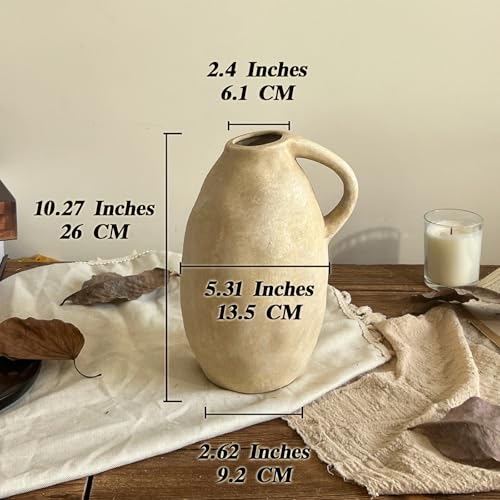 Vintage Handmade Ceramic Rustic Farmhouse Vase with Handle, Beige Terracotta Pottery Vase for Home Decor, Farmhouse Flower Vase for Living Room, Kitchen, Office Centerpiece, 10.3 Inch - color: Beige
