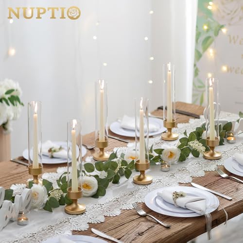 NUPTIO Hurricane Candle Holder for Centerpiece: Set of 2 Metal Taper Candle Holders with Glass Cylinders - Gold Candlestick Holders for Birthday Valentine Dinner Table Decor - size: 2 Pcs