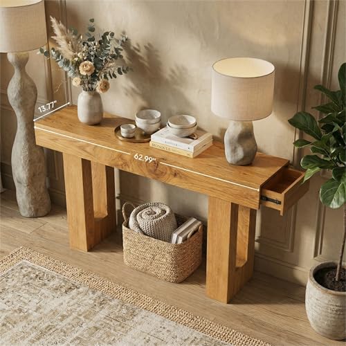 FURSUN 63" Farmhouse Console Table with Drawers, Narrow Sofa Table Behind Couch, Slim Entryway Table with Storage for Hallway, Living Room, Natural Oak - color: Natural Oak