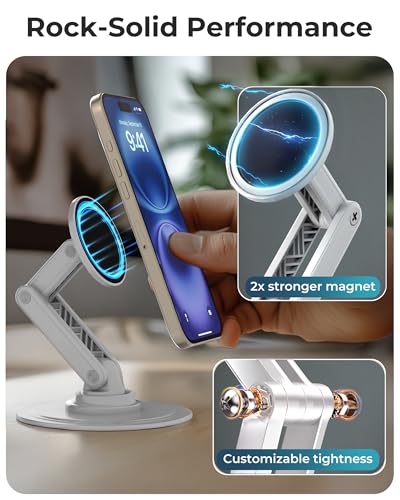 COOPER Mag360, Desktop MagSafe Stand for iPhone 17 Pro Max (16/15/14/13/12), Magnetic Phone Holder for Desk, 360° Rotating, Height Adjustable, Magnetic Phone Stand for Desk, with Metal Ring (White) - color: Cream White