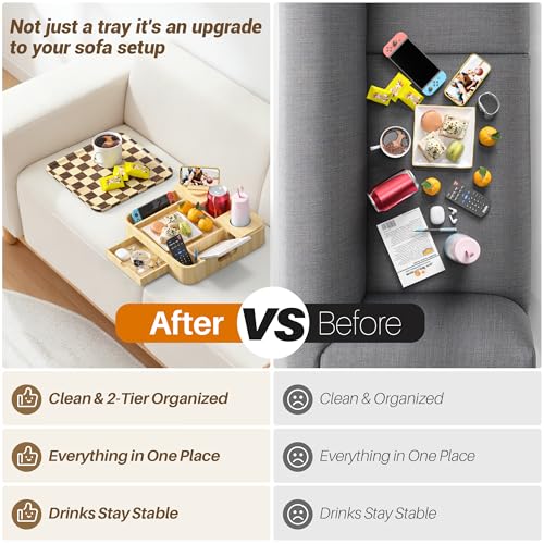Couch Cup Holder, Checkered Couch Tray Cup Holder Sofa Tray, Large Capacity 2-Tier Wooden Trays with Drawer for Sofa, Bed, Picnic, Drinks, Remote, Cell Phone,TV Trays (Solid Pine Wood)12.5*12.5 in - color: Pine Wood + Checkered