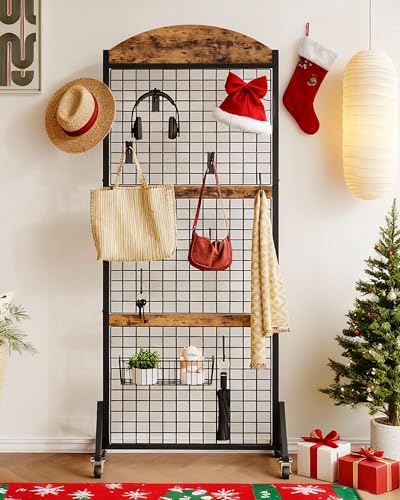 CHOEZON Grid Wall Panel 5.7’ x 2’ FT Grid Display Rack, Movable Gridwall Display Stand with Wheels,Floorstanding Wire Grid Rack with 4 S-Shaped Hooks and 4 Garment Hooks Rustic Brown and Black TCJ17BF - color: Rustic Brown and Black