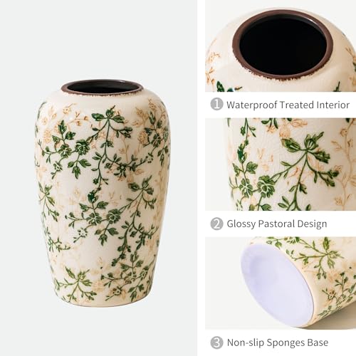Vintage Pastoral Green Ceramic Flower Vase 8.5”, Rustic Cottage Core Decor for Living Room, Bookshelf, Office, Mantel & Table Centerpiece - color: 16-green and Beige