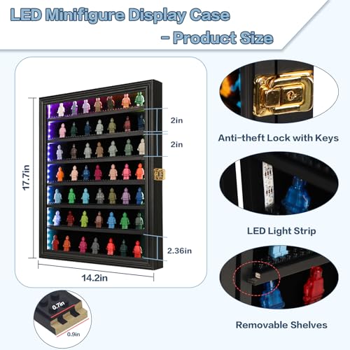 VERANI Minifigure Display Case with LED - Miniature Action Figure Display Box - Lockable Wall Mount Figures Memorabilia Display Cabinet for with Uv Protected Anti Fade with Light for Small Objects - size: Large Black with LED