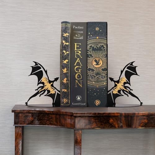 Metal Dragon Bookends Stoppers Holder Stand for Desk Shelf Cool Dragon Bookends Decorative, Fantasy Dragon Bookends for Bookshelf Decor Dragon Lovers - color: Gold