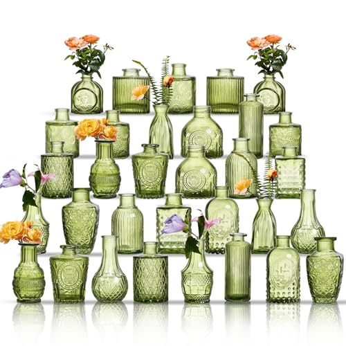 Glass Bud Vases Set of 32 - Green Assorted Small Mini Glass Vases for Flowers, Crystal Vintage Vase Set, Bulk Centerpieces for Table Décor, Wedding, Home and Events (Green, 32 Pcs) - color: Green, size: 32 Pcs