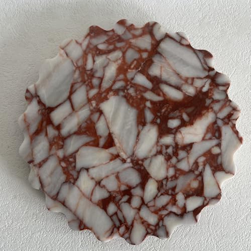 Marble Scalloped Tray Round Wave Tray Small Serving Platter for Counter, Bathroom, Kitchen, Nightstand, Jewelry Ring Dish Holder (Calacatta Red) - color: Calacatta Red