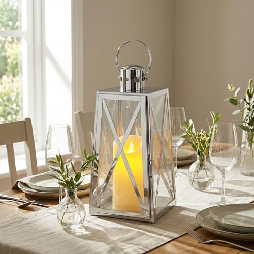 TRIROCKS Stainless Steel Decorative Lantern 12'' H Metal Candle Holder Hanging Candle Lantern with Tempered Glass for Christmas Home Decor Living Room Parties Events Indoor Outdoor(Silver Trapezoid) - color: Silver