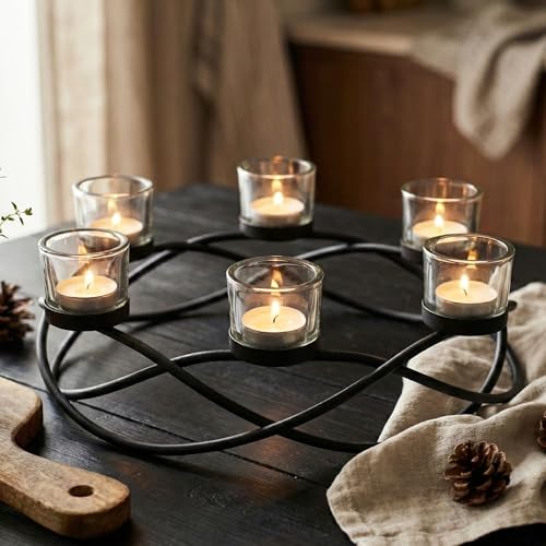 Seraphic Iron Oval Table Decor Centerpiece Decorations Candle Holder for Weddings, Outdoor Patio, Kitchen, Dining Room, and Coffee Tables, Glass Votive Tealight Holders, Black, 6 Clear Chunky Cups - color: Oval Clear